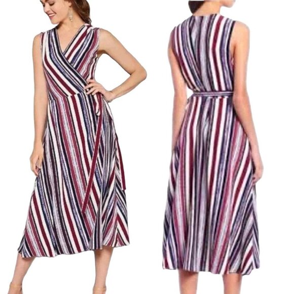 Alex Marie Dresses & Skirts - Alex Marie Cassie Dress Size 6 Surplice Wrap Midi Candy Stripe Sunset Sands